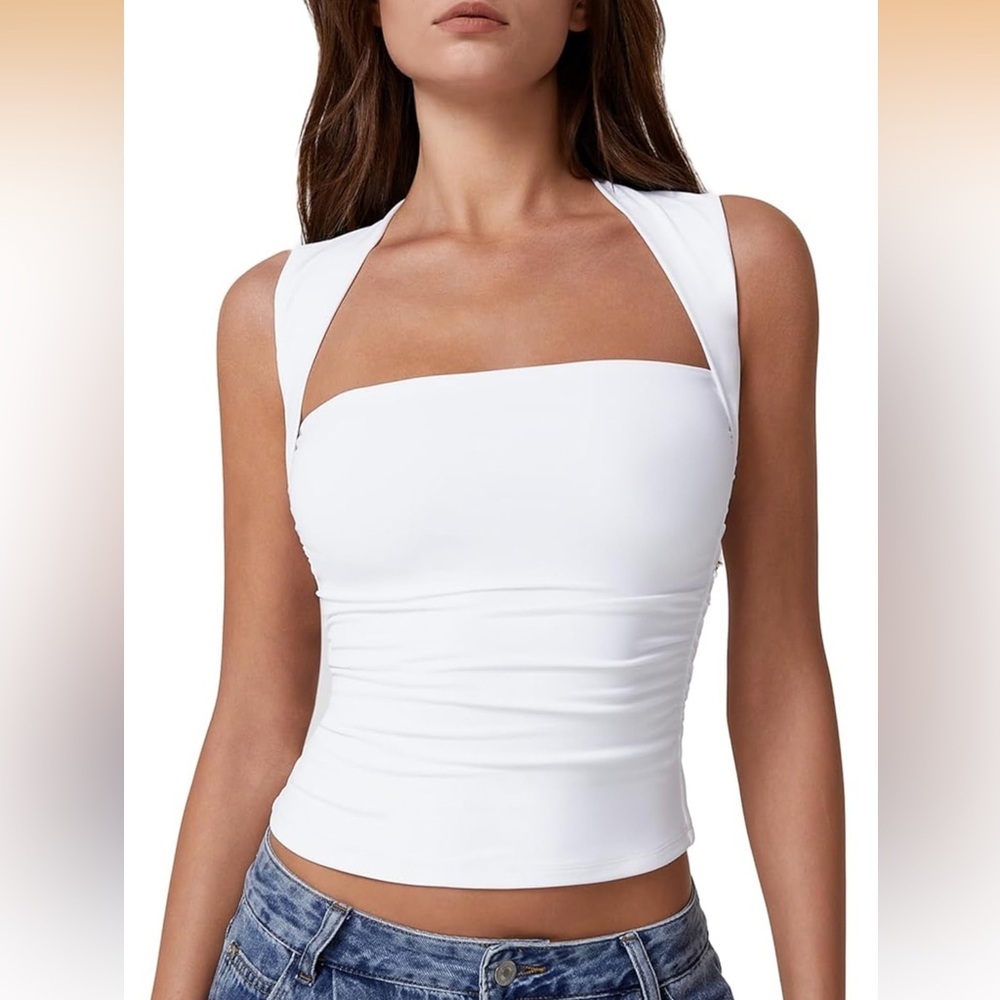 Women Square Neck Tank Tops Side Ruched Double Lined Slim Fit Summer Crop Top L